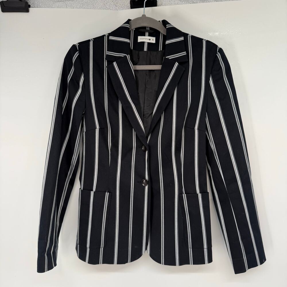 Comma, Striped Single-Breasted Blazer Women's Size 36 US 6 Black White Cotton